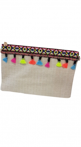 Straw envelope clutch with neon embroidery